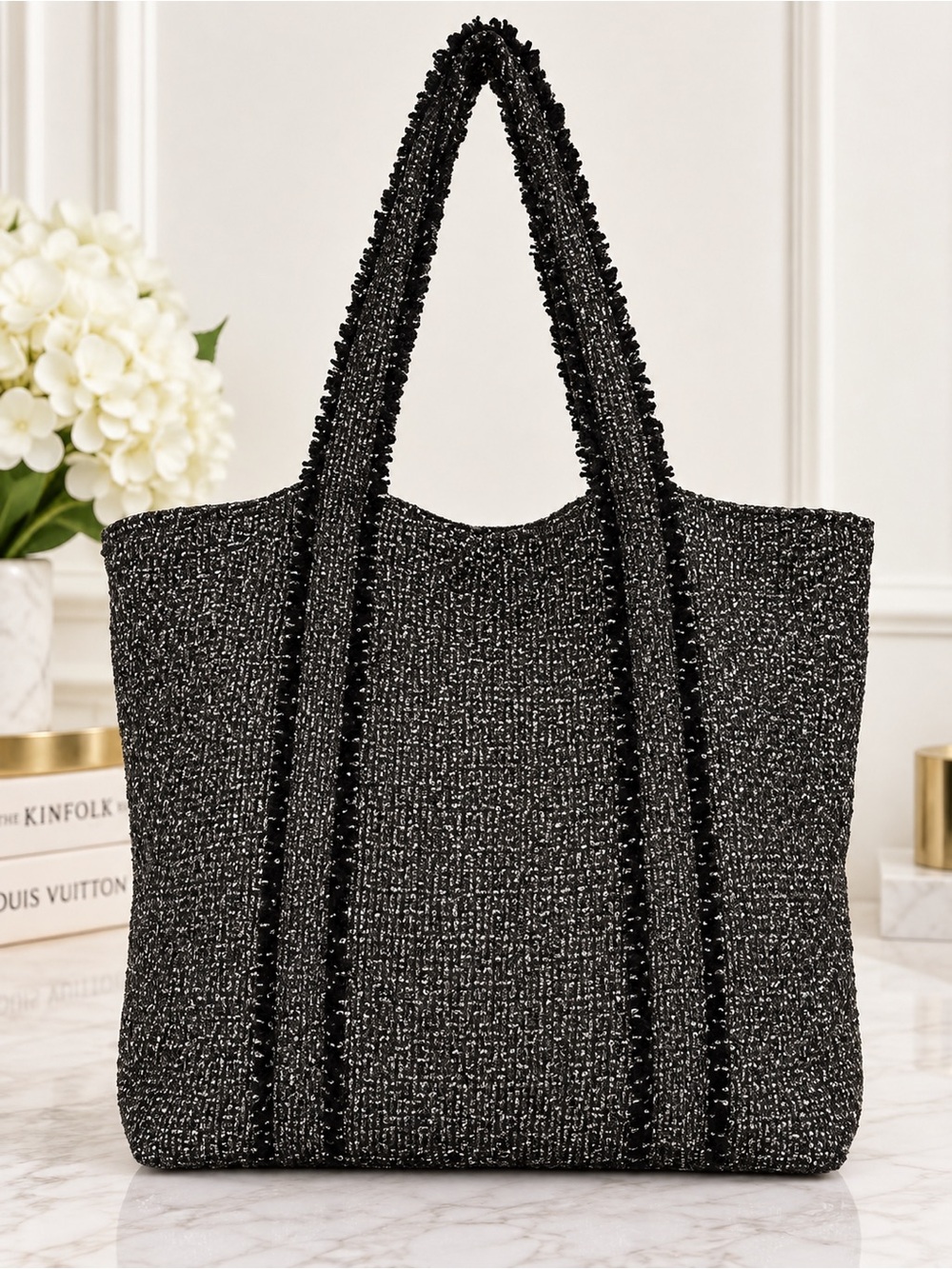 Muche & Muchette Black Silver Metallic Woven Tote Shoulder Bag Carryall
